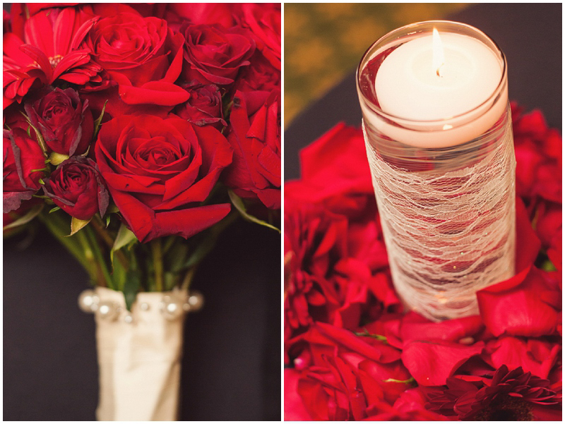 red wedding bouquet and lace candle