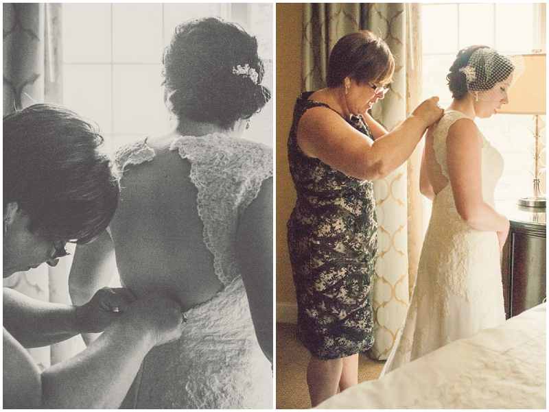 bride getting in wedding dress with mother