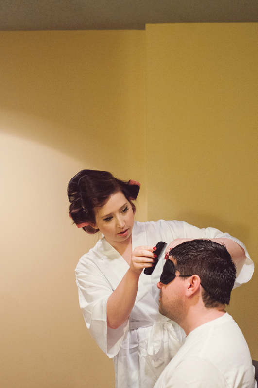 bride and groom getting ready together